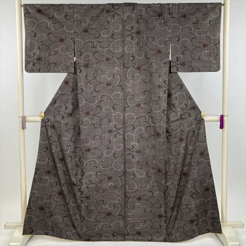 中古） 大島紬 焦げ茶 カジュアル 花唐草 袷 絹【身丈】159.5cm