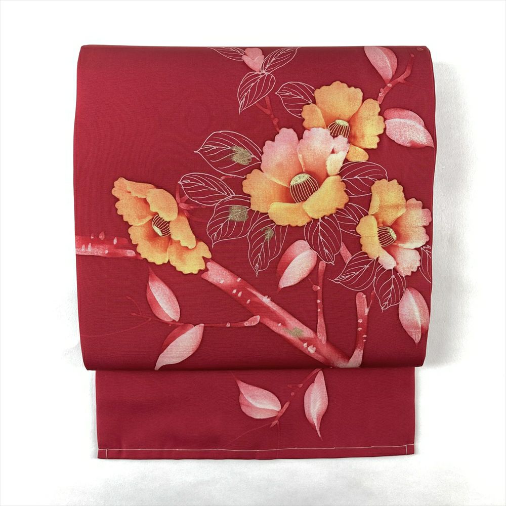 八寸名古屋帯】郡鶴模様 波 型染め 正絹 赤 カジュアル アンティーク