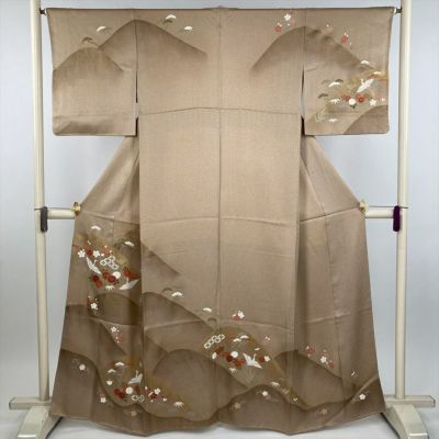 驚きの価格 中古） 訪問着 薄茶 セミフォーマル 鶴 松竹梅 袷 絹 【身丈 着物・浴衣