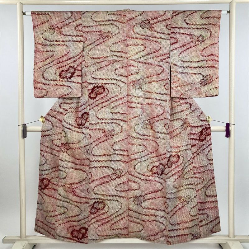 中古） 小紋 白緑 臙脂 カジュアル 霞 花葉 袷 絹 【身丈】149.5