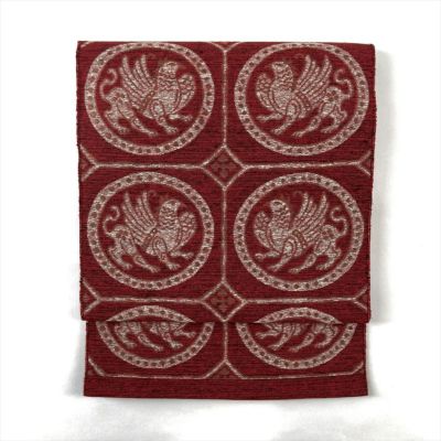 中古）名古屋帯 紫 カジュアル 松葉仕立て 織り 流線 横段 幾何学柄