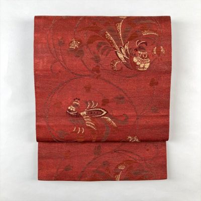 中古）名古屋帯(八寸) 白 紬地 カジュアル 植物 花 モノトーン