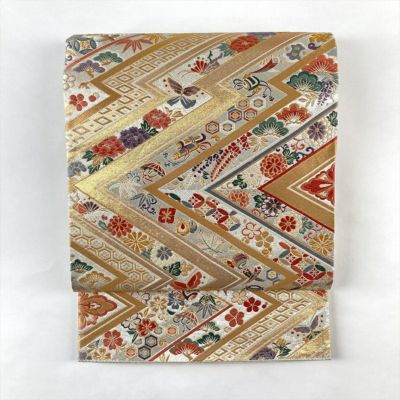 中古）袋帯 金 銀 フォーマル 六通 金糸 引き箔 天平文様 絹