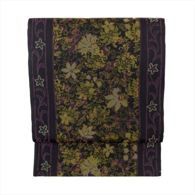 中古）袋帯 紫 カジュアル 全通 染め 金彩 蒔糊 花唐草 絹