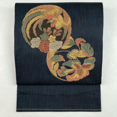 中古）袋帯 黒 カジュアル 六通 織り 雪輪 月 春秋花文 絹