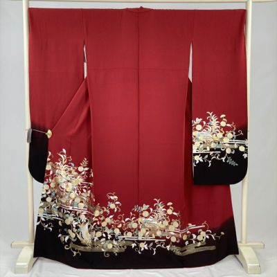 中古）振袖 水色 たたき染め 睡蓮 秋山庄太郎 袷 M【身丈】161.5