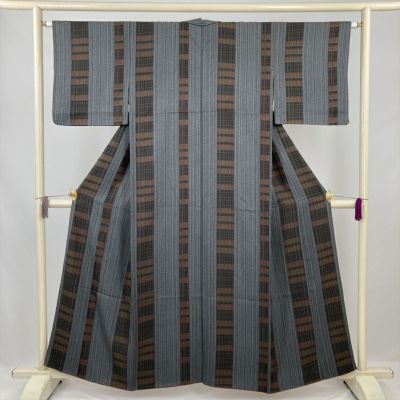 中古） 小紋 ブルーグレー カジュアル 伊勢型 袷 絹 【身丈】142.5cm