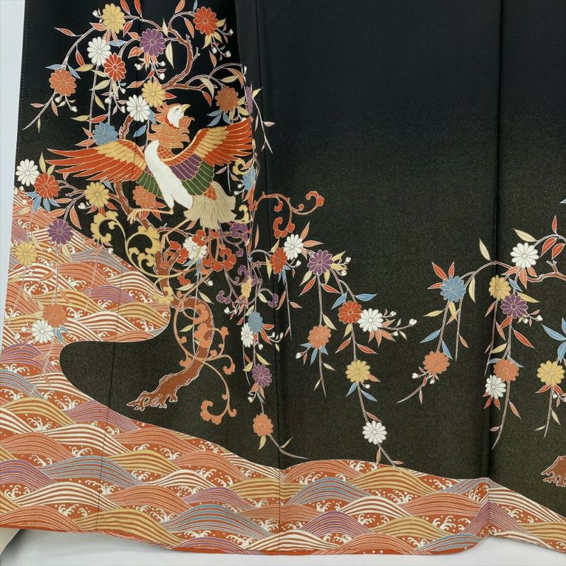 は*き様 黒留袖 花紋に刺繍の鳳凰 裄66 着物 正絹 五つ紋 袷 広衿 RK- は*き様 黒留袖 花紋に刺繍の鳳凰 裄66 着物 正絹 五つ紋 袷 広衿 RK