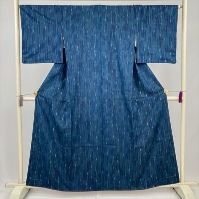 中古）単衣色無地 青 セミフォーマル 地紋織り 青海波 ひとえ M【身丈