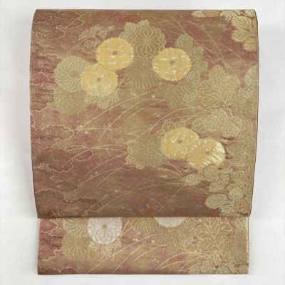 中古）袋帯 焦げ茶色 セミフォーマル 六通 金糸 流水 菊花 絹
