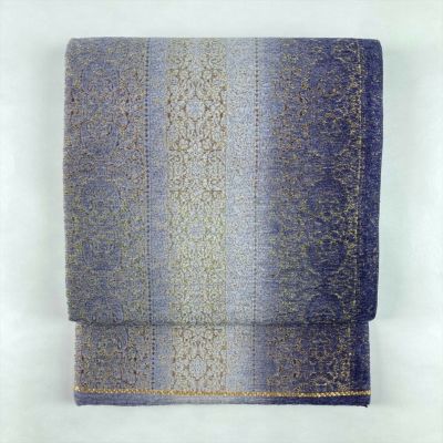 中古）袋帯 紫 カジュアル 全通 染め 金彩 蒔糊 花唐草 絹