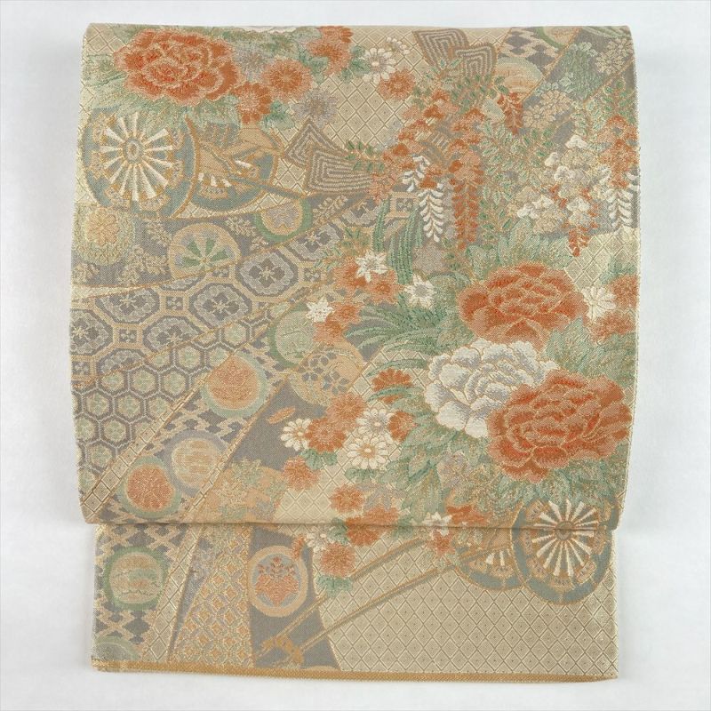 中古）袋帯 金 セミフォーマル フォーマル 六通 織り 花熨斗 花車 絹