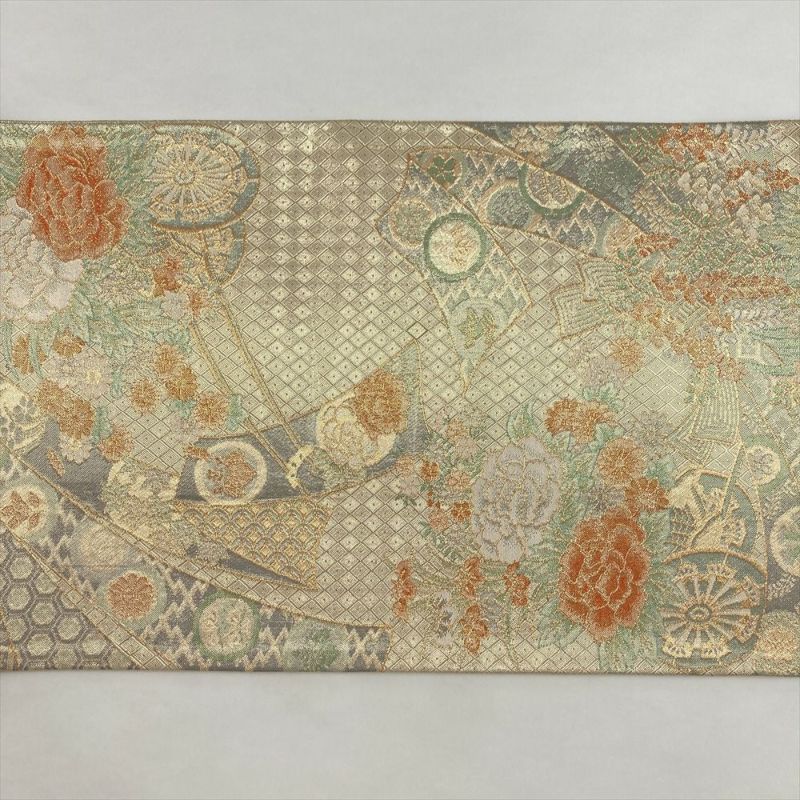 中古）袋帯 金 セミフォーマル フォーマル 六通 織り 花熨斗 花車 絹