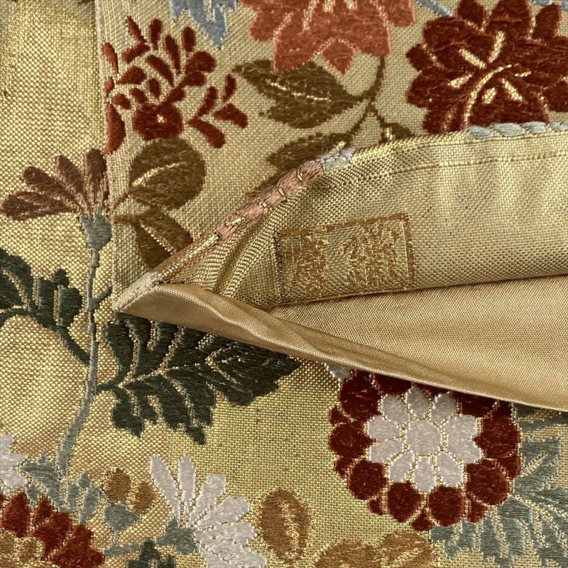 中古）袋帯 金 セミフォーマル フォーマル 六通 唐織 四季花 団扇文 絹