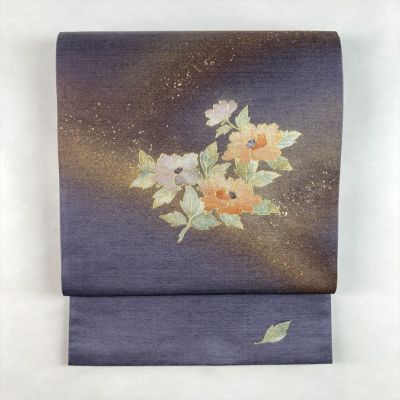 中古）袋帯 紫 カジュアル 全通 染め 金彩 蒔糊 花唐草 絹