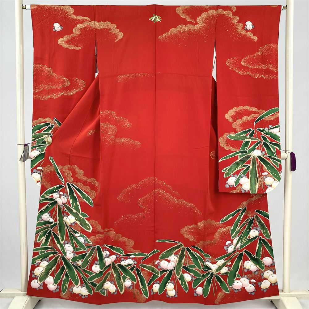 中古） 振袖 赤 フォーマル 刺繍 金彩 笹 菊 袷 絹【身丈】155cm【裄丈