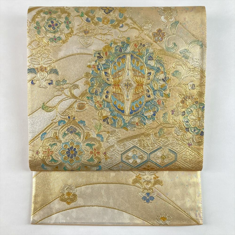中古）袋帯 金 銀 フォーマル 六通 金糸 引き箔 天平文様 絹