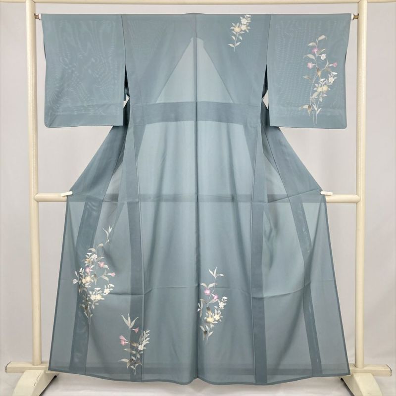 中古） 夏訪問着 薄灰青 セミフォーマル 凛と咲く 草花文 夏 絹 【身丈