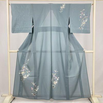 中古） 夏訪問着 薄灰青 セミフォーマル 凛と咲く 草花文 夏 絹 【身丈