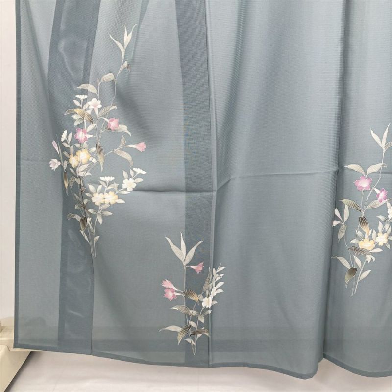 中古） 夏訪問着 薄灰青 セミフォーマル 凛と咲く 草花文 夏 絹 【身丈
