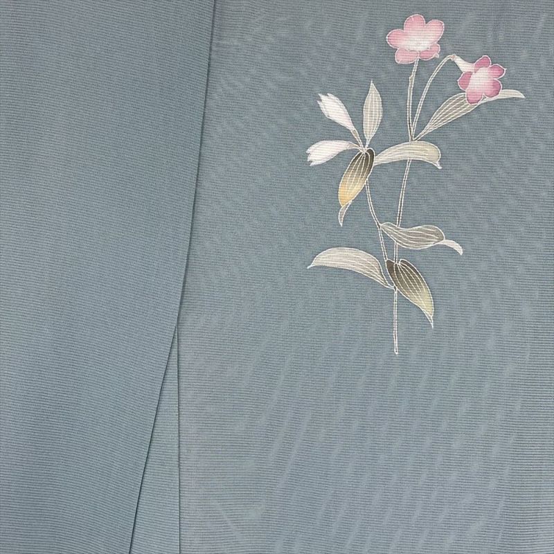 透け感　涼しげ　夏帯　絽ポリ　未使用品　灰青色　桔梗　ススキ図 中古） 夏訪問着 薄灰青 セミフォーマル 凛と咲く 草花文 夏 絹 【身丈