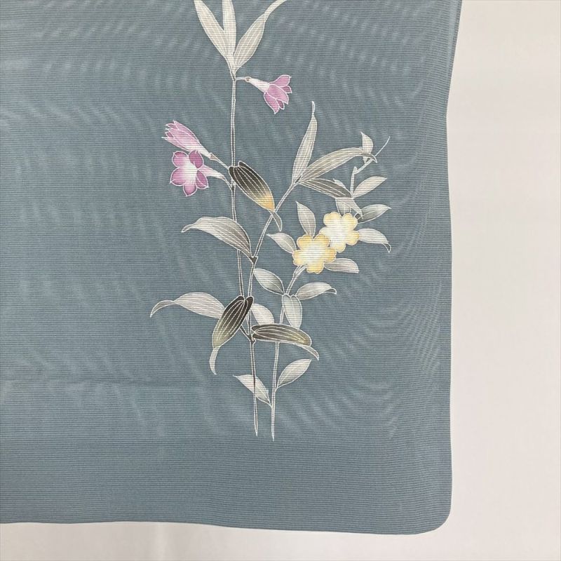 中古） 夏訪問着 薄灰青 セミフォーマル 凛と咲く 草花文 夏 絹 【身丈