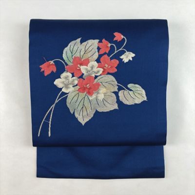 中古）九寸名古屋帯 オレンジ地 名古屋仕立て 金銀糸 扇面 菊