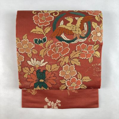 中古）京袋帯 赤茶色 カジュアル 全通 織り 天平文 オリエンタル