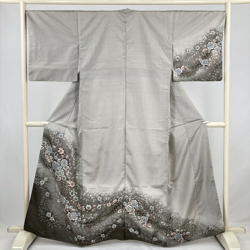 ◇裄長トールサイズ◇しつけ付き未使用 ブルーグレー×アイボリー銀彩