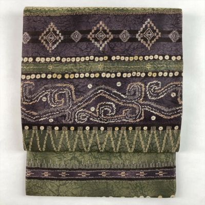 中古）袋帯 深緑 カジュアル 六通 織り 寄せ柄 絹