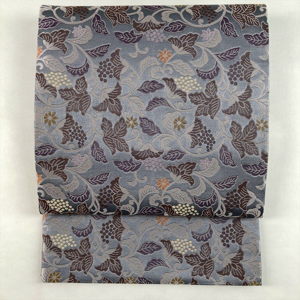 中古）袋帯 グレー セミフォーマル 六通 織り 金糸 カラーの花 絹