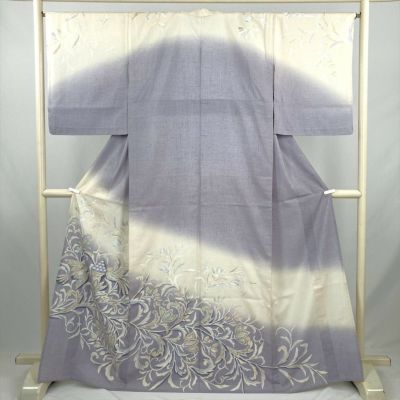 中古） 単衣訪問着 白茶 薄青紫 カジュアル セミフォーマル