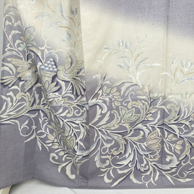 【訪問着】楓に鳥模様　刺繍　薄紫　綸子　正絹　セミフォーマル　アンティーク 訪問着】楓に鳥模様 刺繍 薄紫 綸子 正絹 セミフォーマル アンティーク
