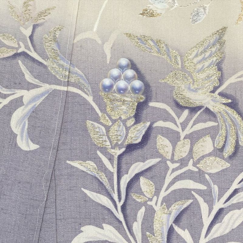 中古） 単衣訪問着 白茶 薄青紫 カジュアル セミフォーマル