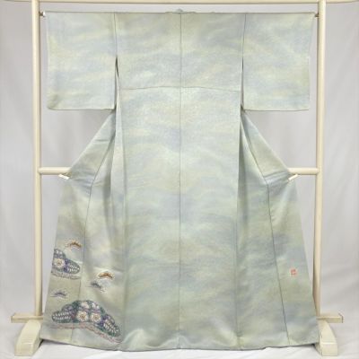 牛首紬 袋帯 グレー 波模様 美品】 袋帯 逸品 落款あり 牛首紬 幾何学模様 金彩 青灰色 全通 正絹