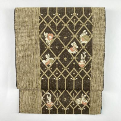 み*ち様 【美品】名古屋帯 氷割れにウサギ柄　アンティーク正絹京都専門店仕立 み*ち様 【美品】名古屋帯 氷割れにウサギ柄 アンティーク正絹京都専門