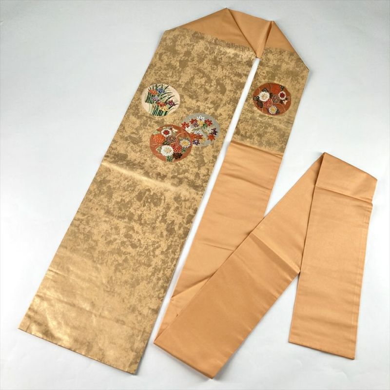 中古）名古屋帯 金 フォーマル 名古屋仕立て 引き箔 丸文に四季花 絹