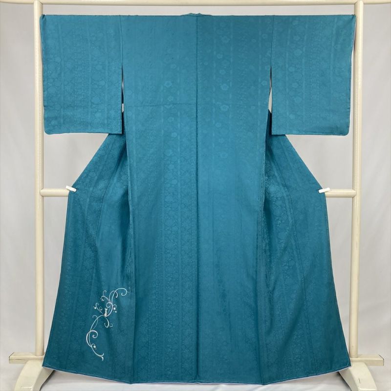 中古） 訪問着 青緑 フォーマル 刺繍 兎 蔓 地紋 袷 絹 【身丈】160cm