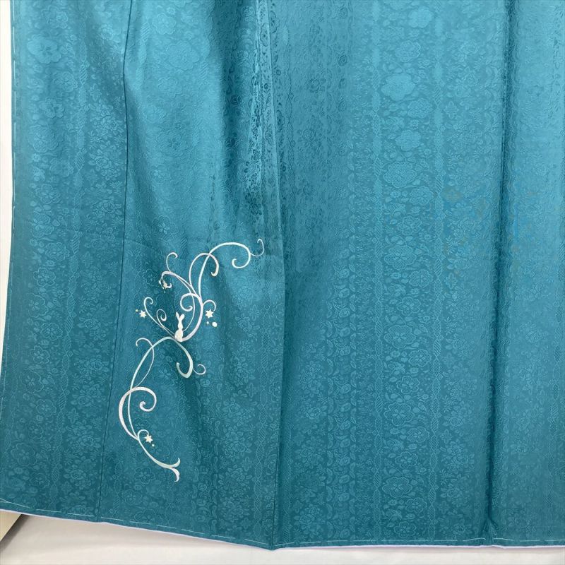 中古） 訪問着 青緑 フォーマル 刺繍 兎 蔓 地紋 袷 絹 【身丈】160cm