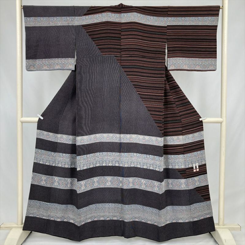 中古） 訪問着 黒 セミフォーマル 横段 万筋 花唐草 袷 絹【身丈