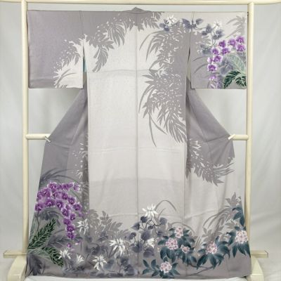 中古） 訪問着 薄灰 グレー セミフォーマル 蘭 蝶 袷 絹【身丈】165cm