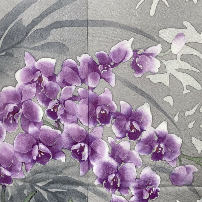 中古） 訪問着 薄灰 グレー セミフォーマル 蘭 蝶 袷 絹【身丈】165cm