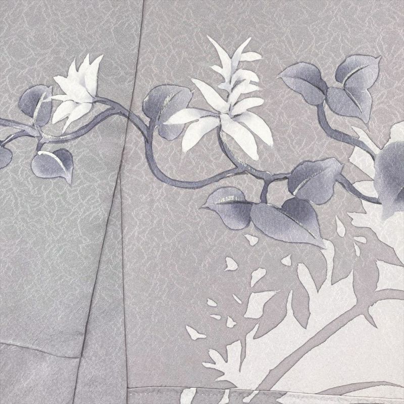 中古） 訪問着 薄灰 グレー セミフォーマル 蘭 蝶 袷 絹【身丈】165cm