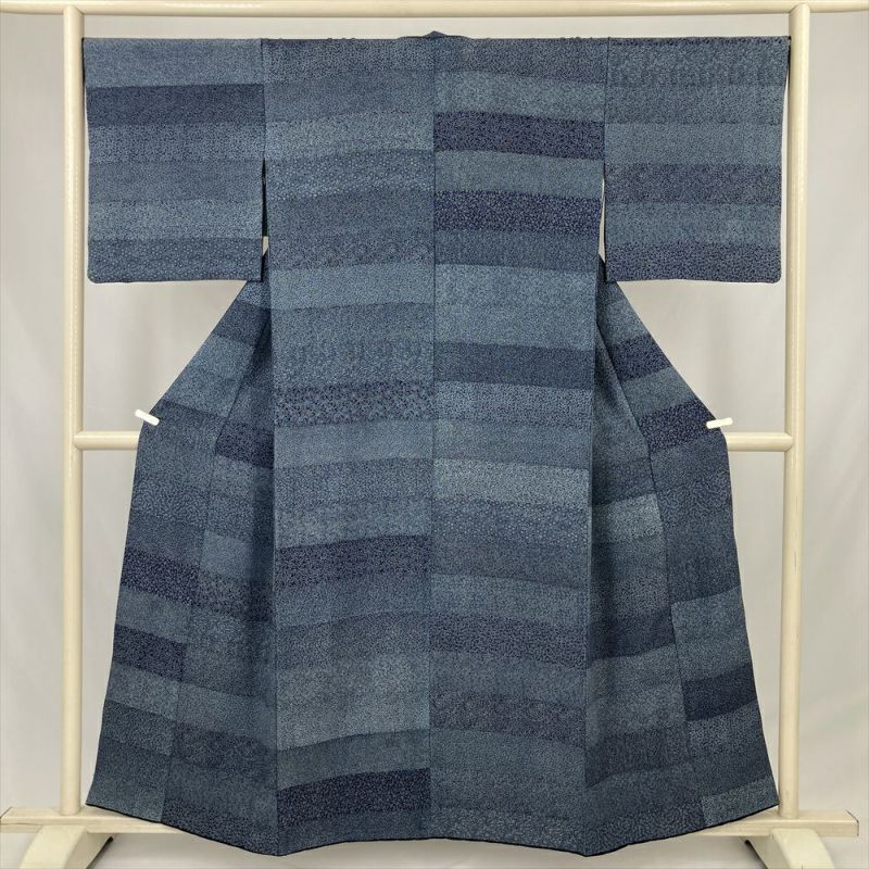 中古） 小紋 藍色 青 カジュアル 寄せ柄 袷 絹【身丈】152cm【裄丈】69cm
