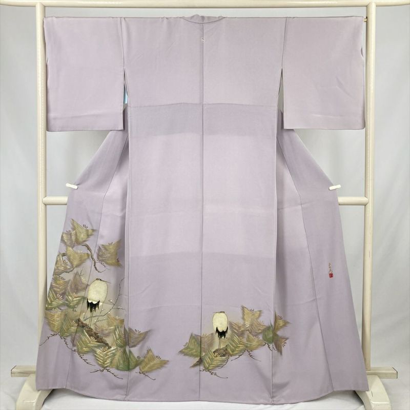 中古） 色留袖 薄藤 紫 フォーマル 鶴 松 袷 絹【身丈】159cm【裄丈