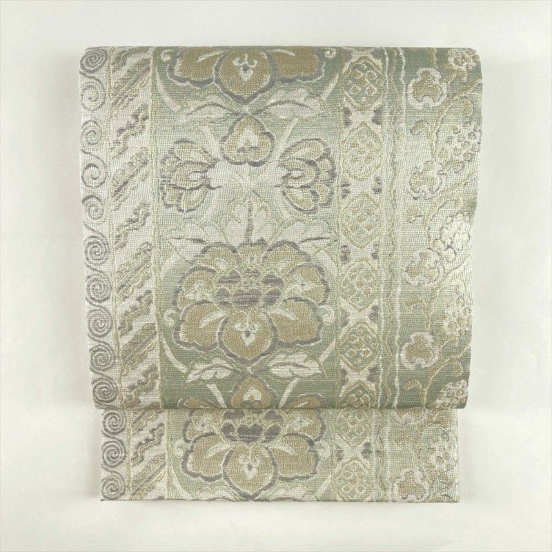 中古）袋帯 白銀 薄緑 セミフォーマル 六通 織り 金糸 オリエンタル