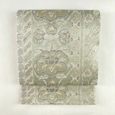 A◆着物くつろぎ 霞に華文模様 銀糸 白 薄青色 六通 正絹 フォーマルな袋帯 A◇着物くつろぎ 霞に華文模様 銀糸 白 薄青色 六通 正絹 フォーマル