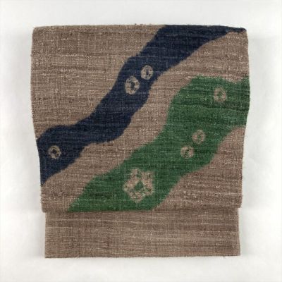 中古）袋帯 灰茶 カジュアル 六通 紬 織り 抽象柄 絹