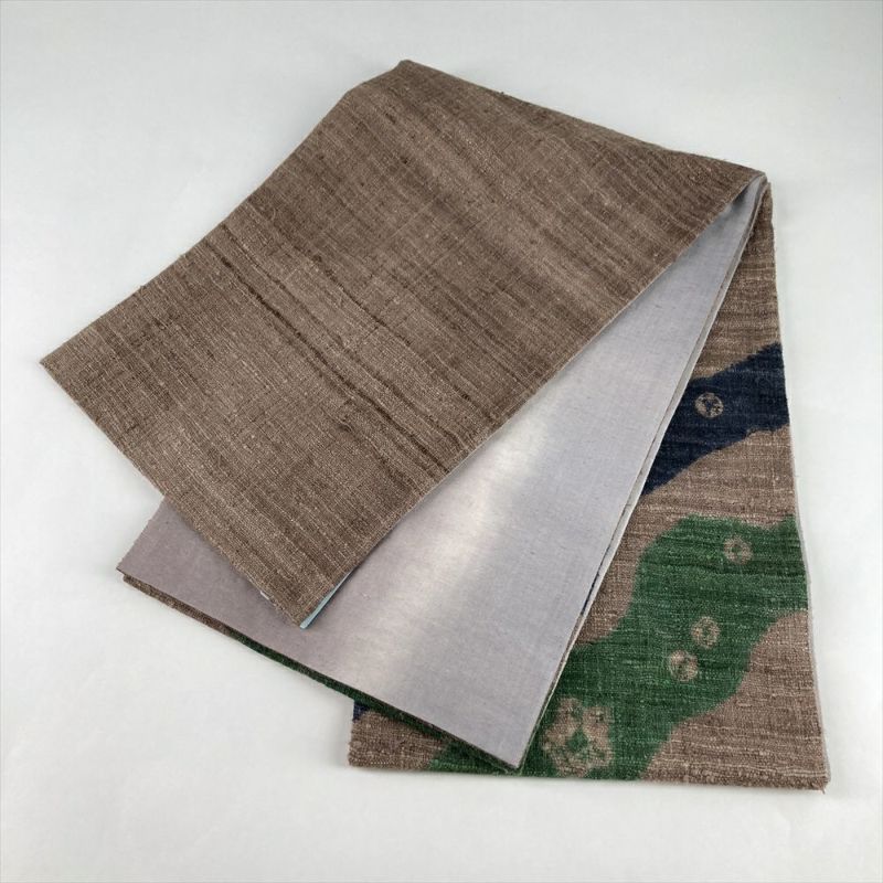 中古）袋帯 灰茶 カジュアル 六通 紬 織り 抽象柄 絹