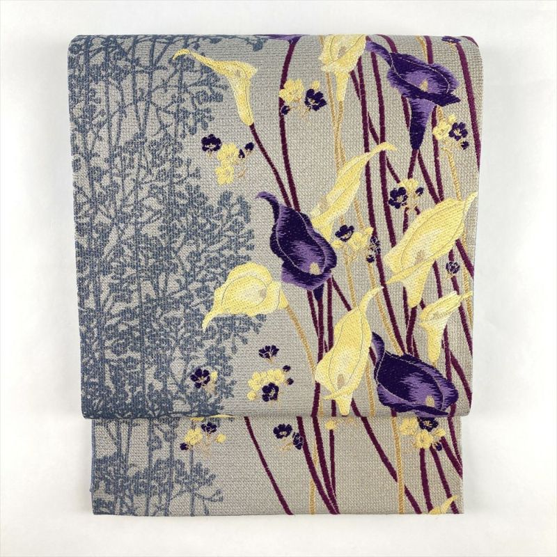 中古）袋帯 グレー セミフォーマル 六通 織り 金糸 カラーの花 絹